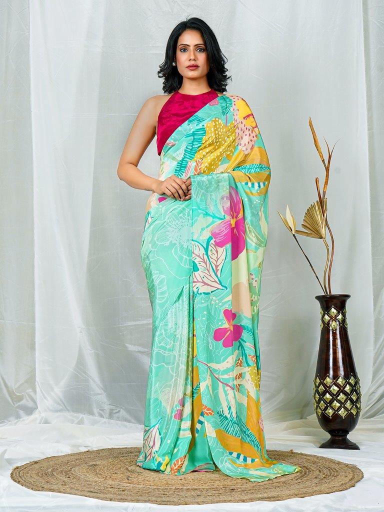 Sea Green Natural Crepe Saree with Multicolor Floral Print