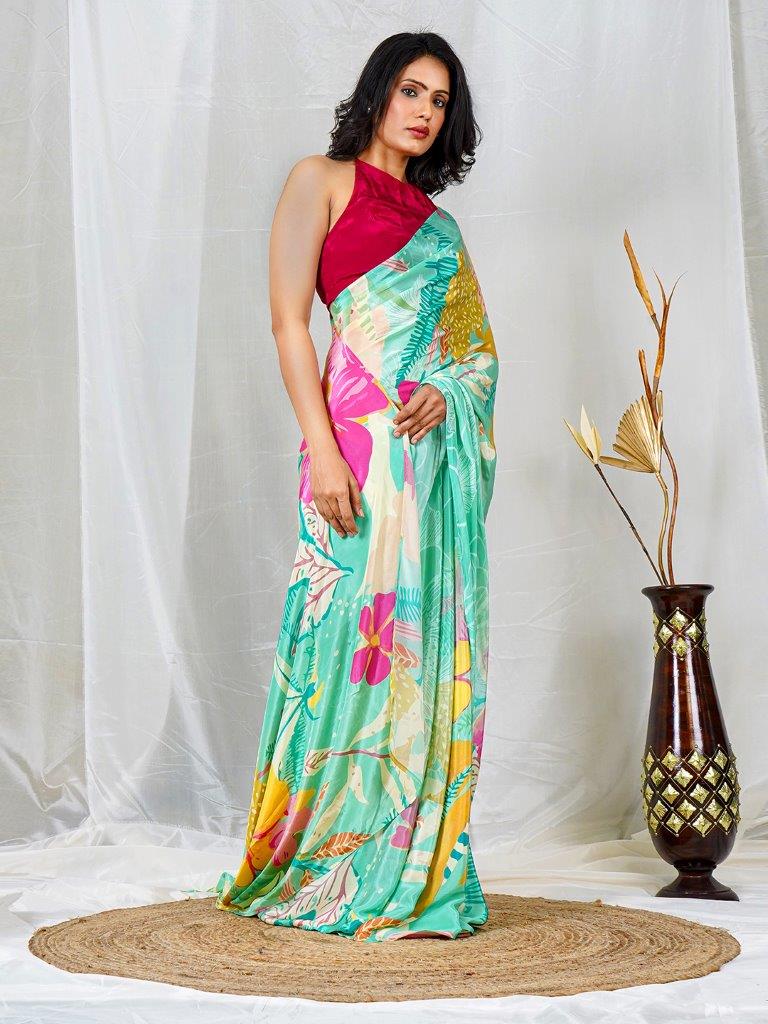 Sea Green Natural Crepe Saree with Multicolor Floral Print