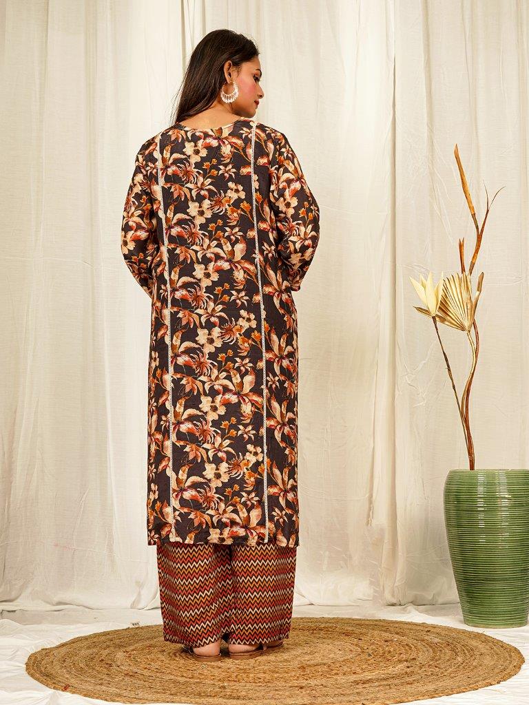 Elegant Dark Brown Natural Crepe Floral Print Kurta Set with Handwork and Geometric Palazzo