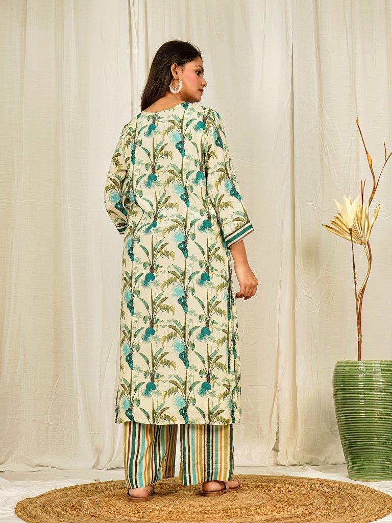 Fresh Cream Tropical Print V-Neck Kurta with Striped Edging & Palazzo