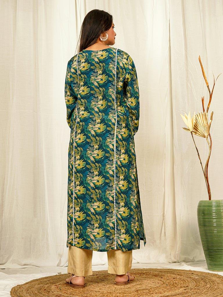 Elegant Teal Blue Muslin Floral Print Kurta with Lace Insertion & Solid Palazzo