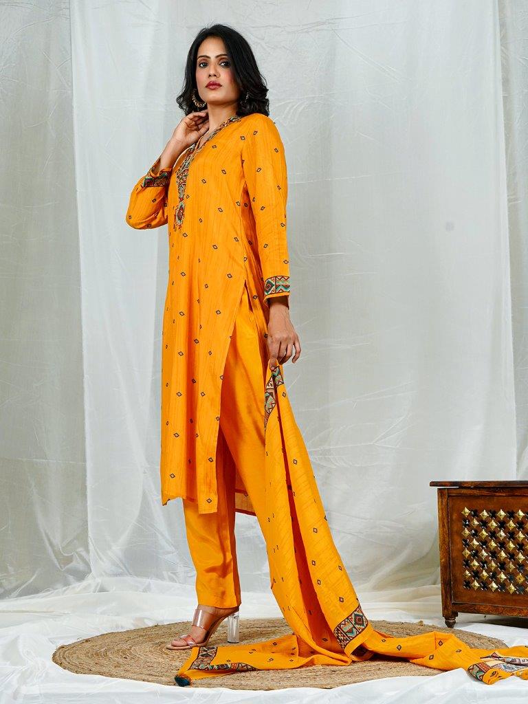 Yellow Color Rugs Inspired Geometric Print Muslin Kurta Sets with Handwork Detailing