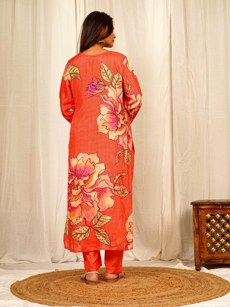 Peach Floral Print Kurta Set with Handwork on Muslin Crepe