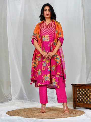 Magenta Floral Printed Kurta Set with Handwork