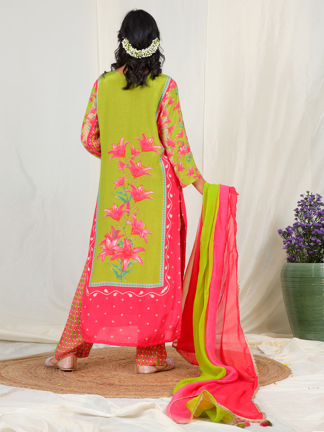 Green Floral Print Muslin Crepe Kurta Pant Set with Dupatta and Handwork