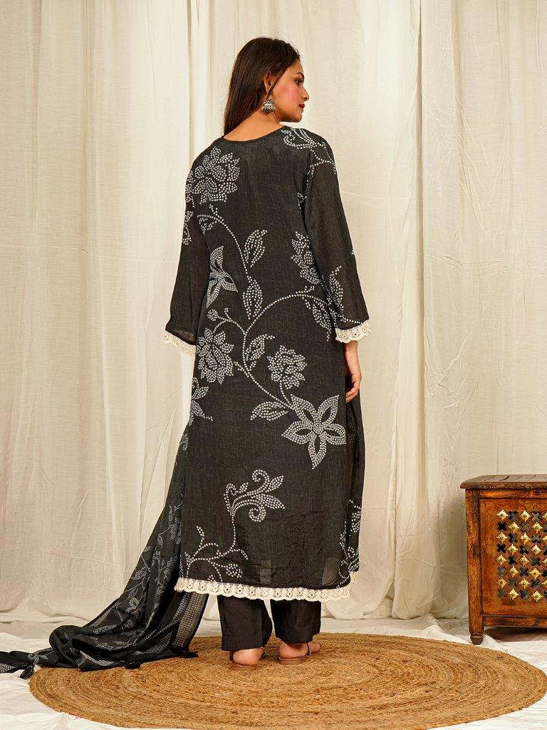 Black Muslin Bandhani Floral Printed Kurta Set with Handwork and Lace Trims