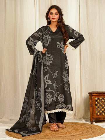 Black Muslin Bandhani Floral Printed Kurta Set with Handwork and Lace Trims