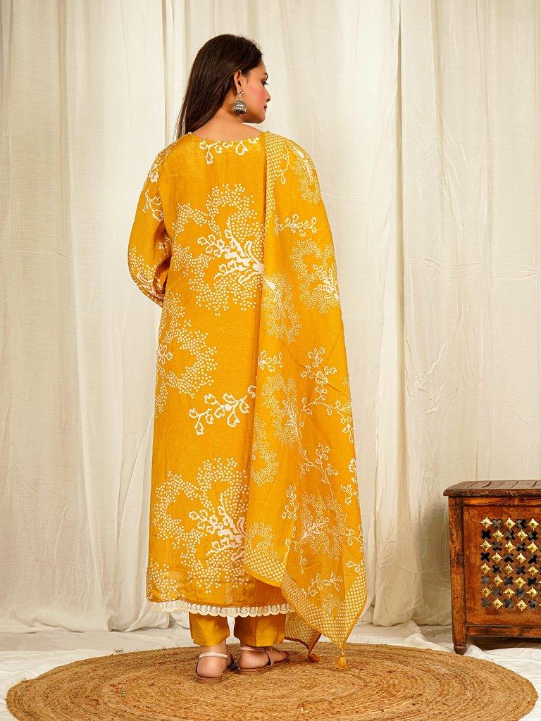 Radiant Mustard Bandhani Floral Printed Muslin Kurta Set with Handwork Detailing