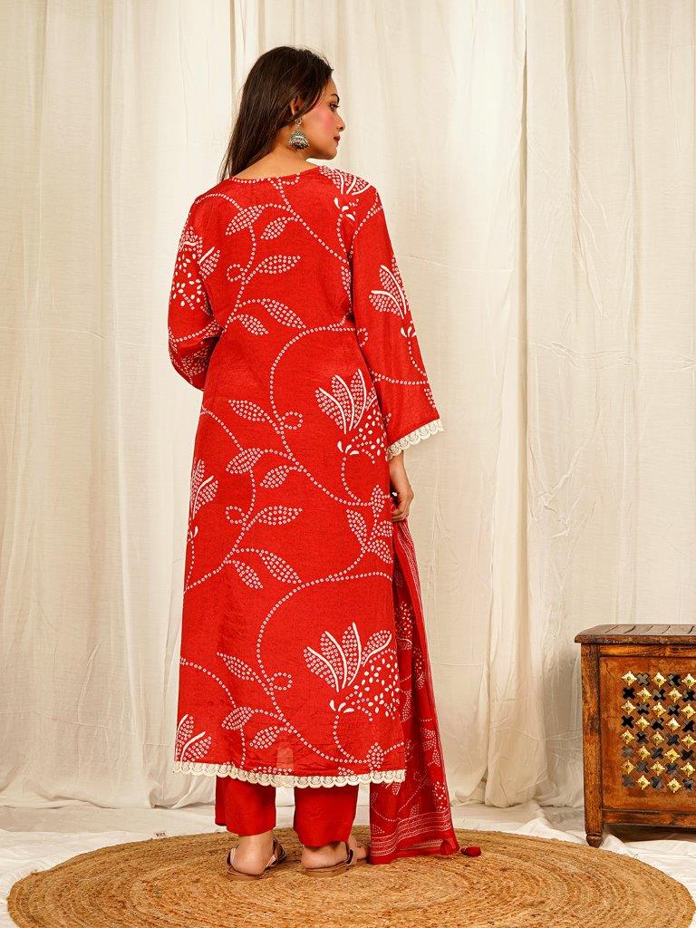 Graceful Maroon Bandhani Floral Muslin Kurta Set with Handwork and Lace Trims