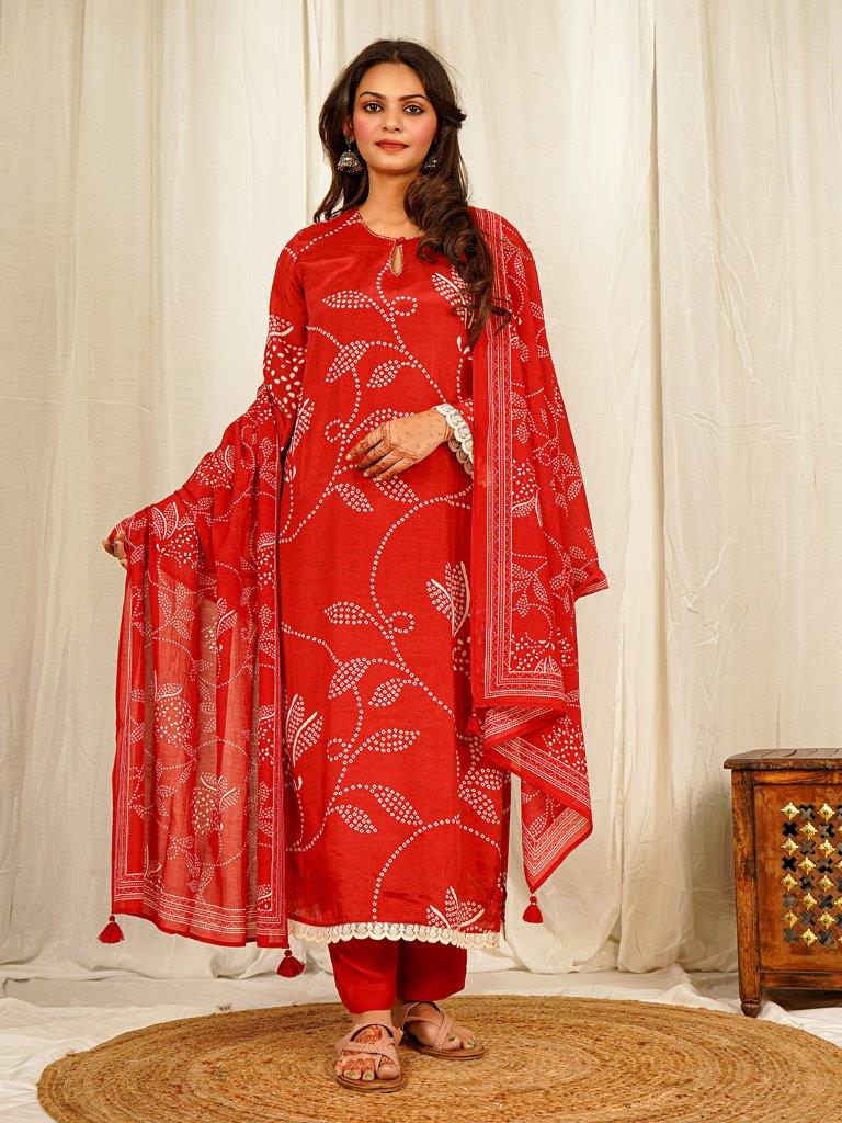 Graceful Maroon Bandhani Floral Muslin Kurta Set with Handwork and Lace Trims