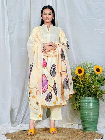 Cream Kurta Set with Vibrant Leaf Motifs & Golden Tassels