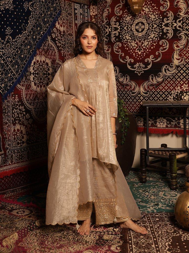 Graceful Beige Zari Embroidered A-Line Kurta Set with Tassel-Trimmed Scalloped Dupatta