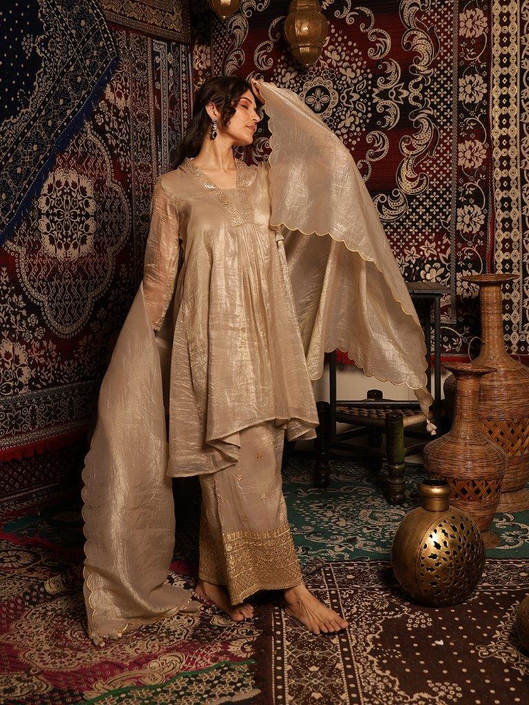 Graceful Beige Zari Embroidered A-Line Kurta Set with Tassel-Trimmed Scalloped Dupatta