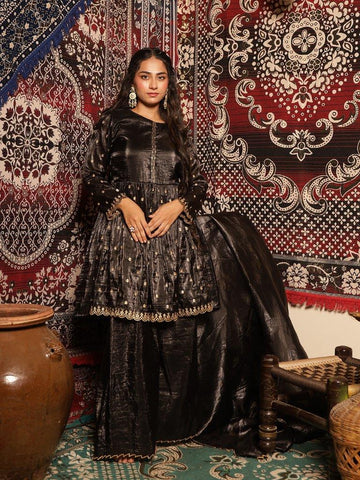 Timeless Black Zari Embroidered Short Anarkali Kurta Set with Scalloped Elegance