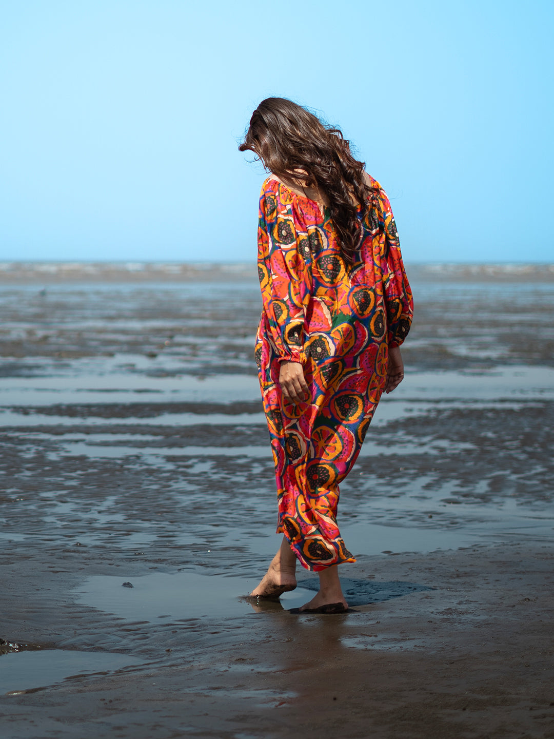 Orange color Textured Print Muslin Straight One Piece Dress earthofab