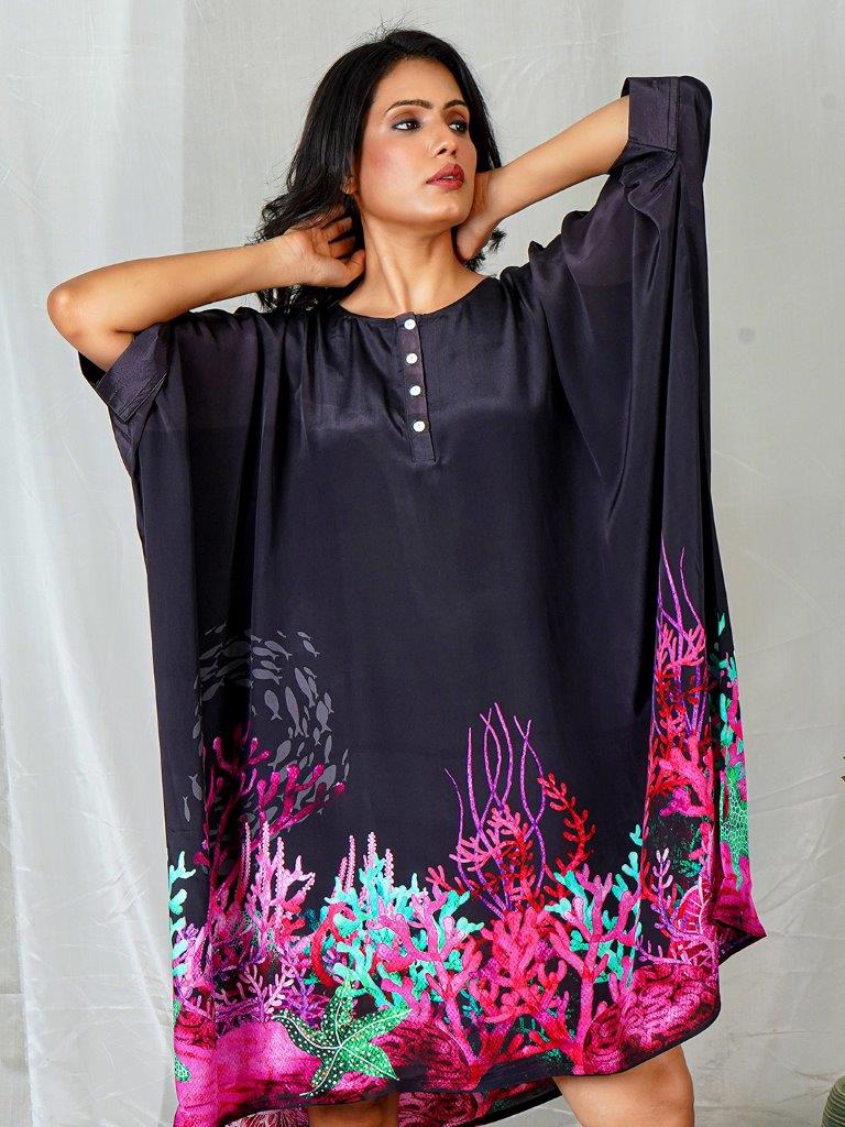 Elegant Black Natural Crepe Poncho with Underwater-Inspired Prints