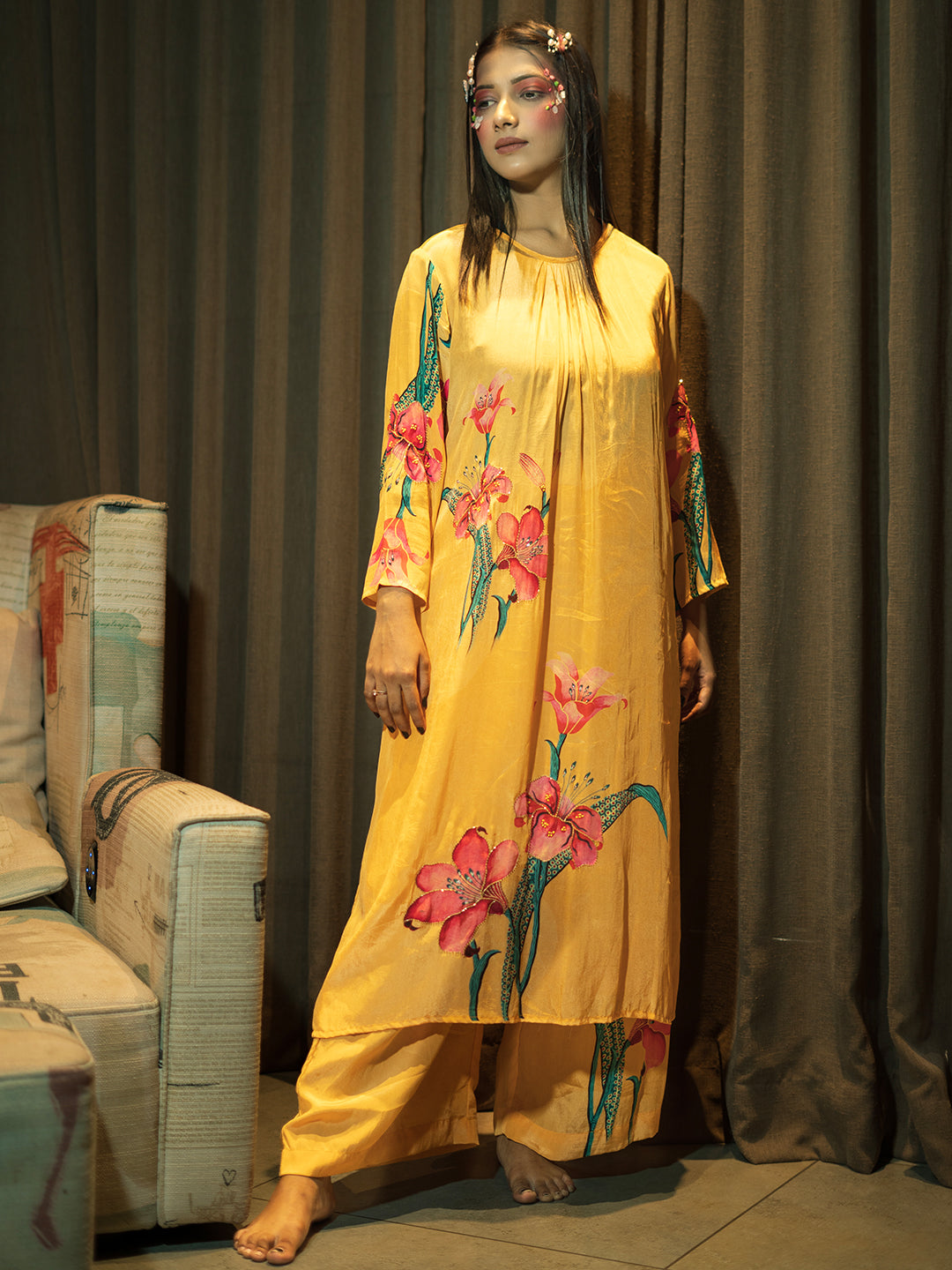 Red Lily Flower Print Yellow Kurta Set earthofab