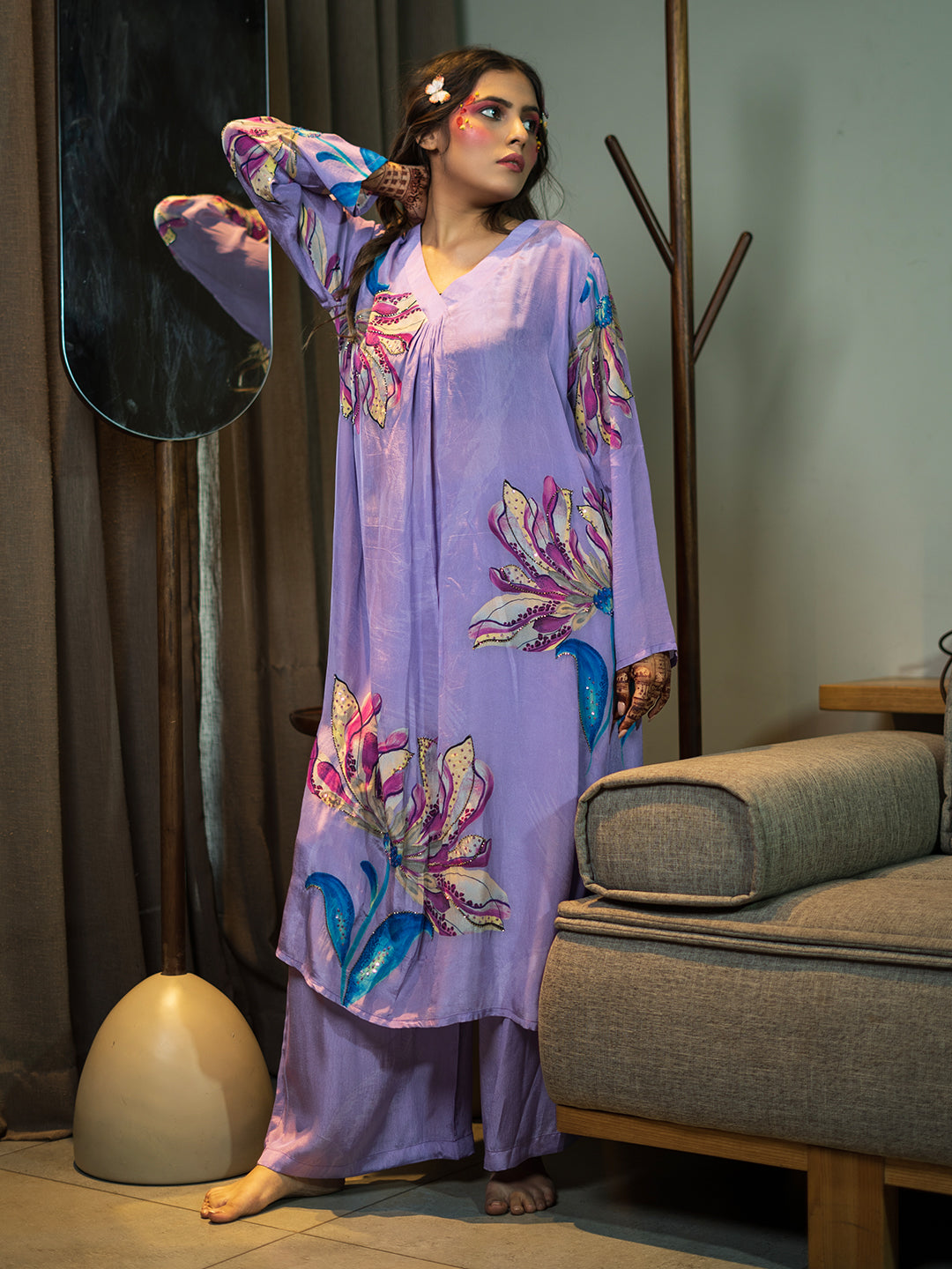 Multi-Color Botanical Leaf Print Violet Kurta Set earthofab