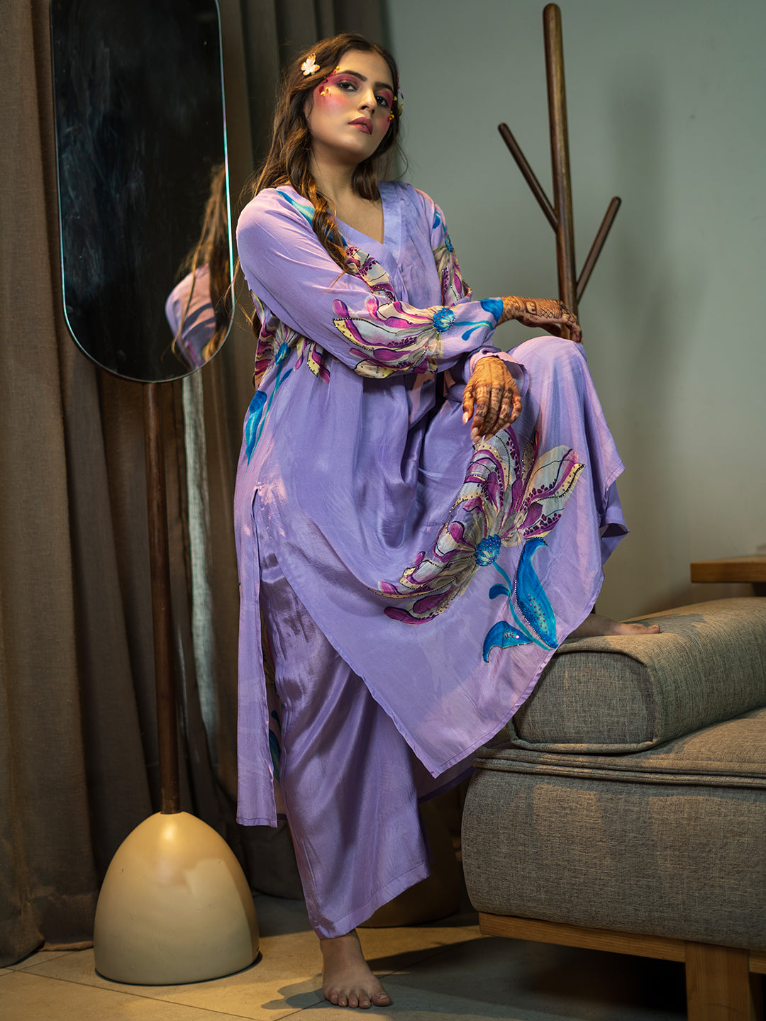 Multi-Color Botanical Leaf Print Violet Kurta Set earthofab