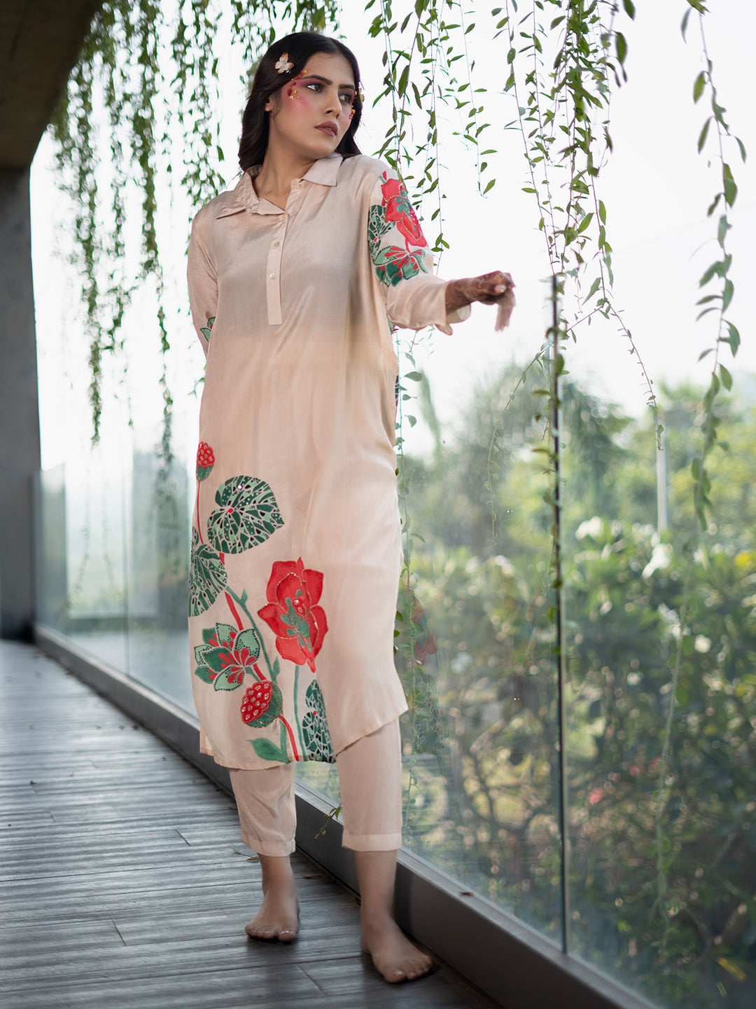 Red & Green Botanical Lotus Flower Print Beige Kurta Set earthofab