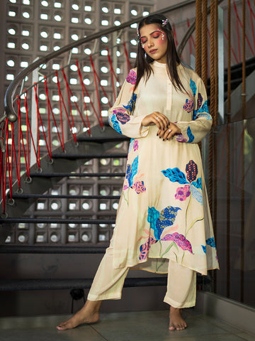 Multi-Color Leaf Print Cream Kurta Set earthofab