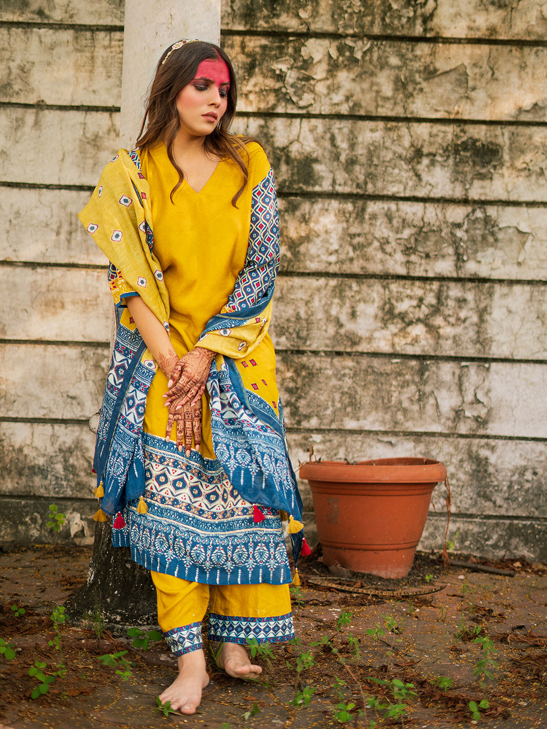 Yellow color Ajrakh Based Printed Muslin Straight Kurta Pant Set with Dupatta earthofab