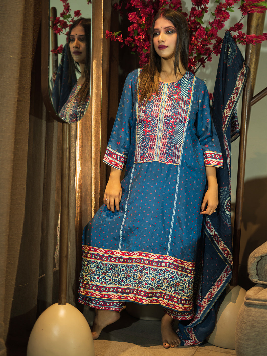 Blue color Ajrakh Based Printed Muslin Straight Kurta Pant Set with Dupatta earthofab