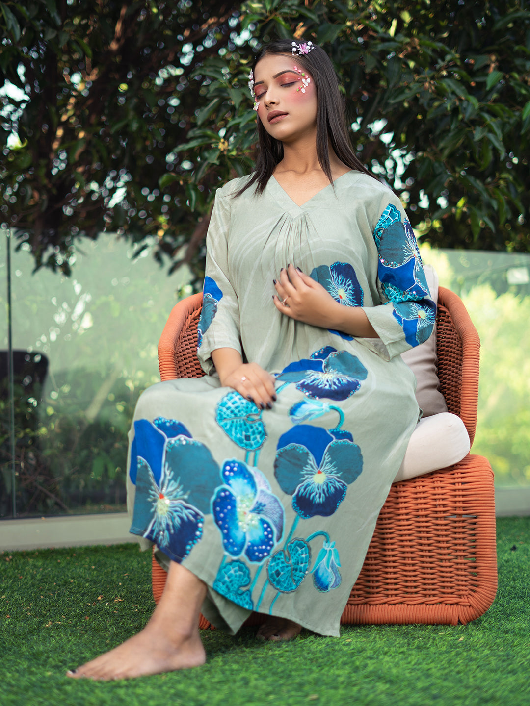 Blue Orchid Flower Print Sea - Green Kurta Set earthofab