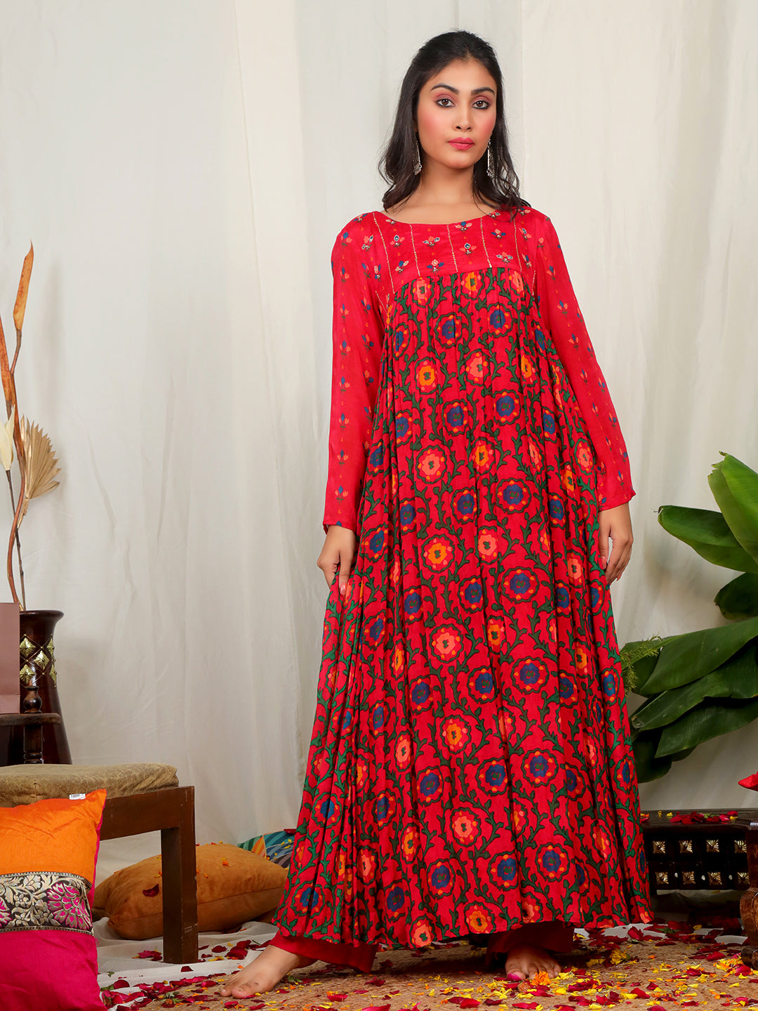 Red Suzani Print Chinon Anarkali Set with Intricate Handwork Detailing – Elegant Ethnic Wear" earthofab