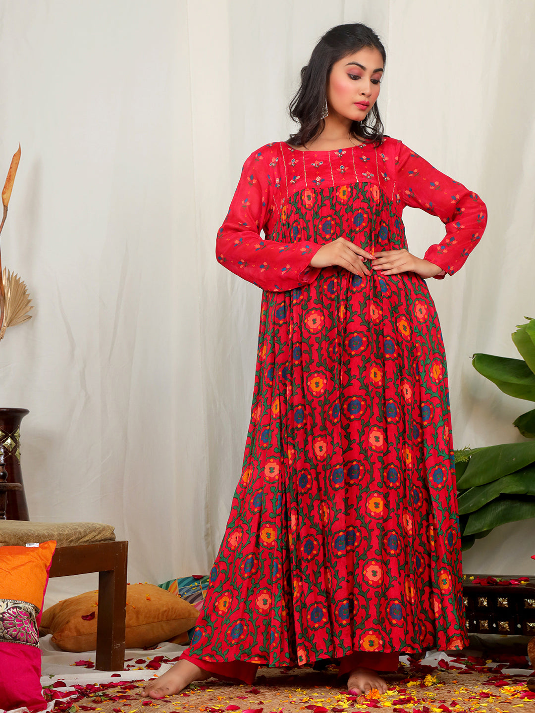 Red Suzani Print Chinon Anarkali Set with Intricate Handwork Detailing – Elegant Ethnic Wear" earthofab