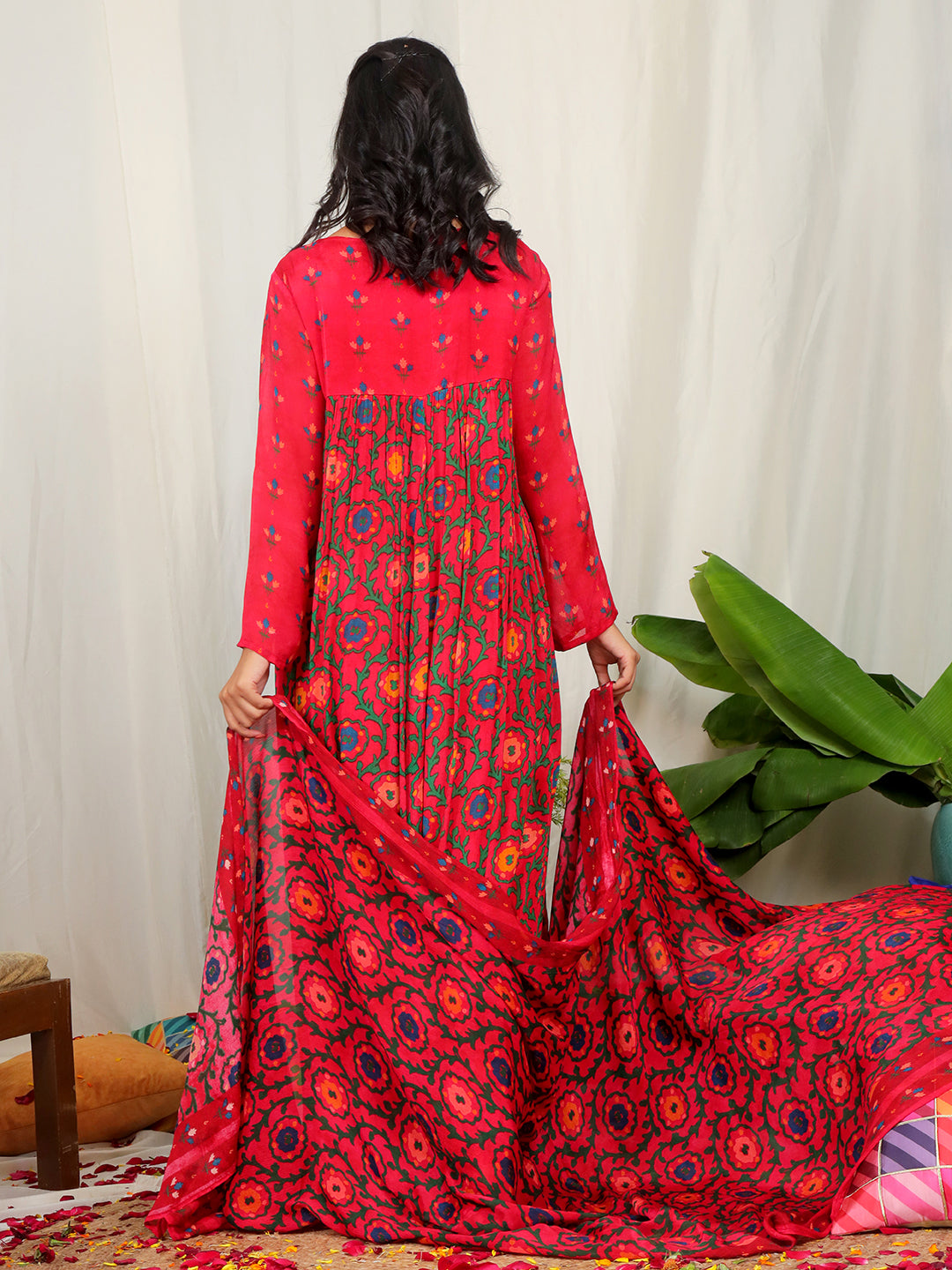 Red Suzani Print Chinon Anarkali Set with Intricate Handwork Detailing – Elegant Ethnic Wear" earthofab