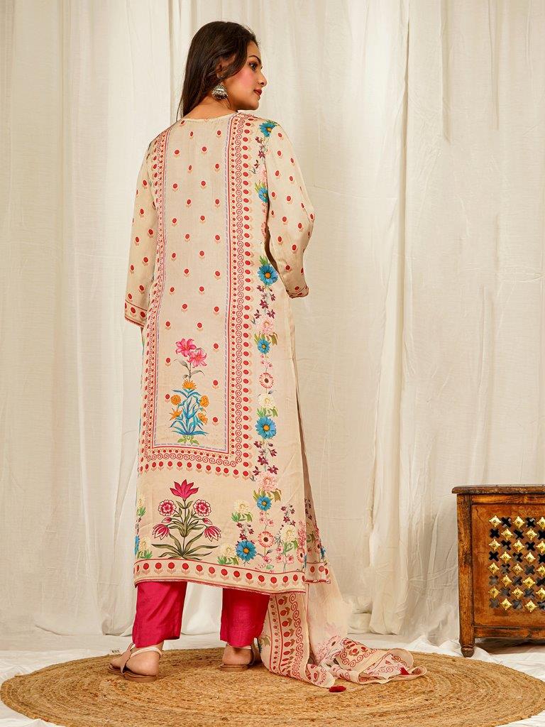 Elegant Floral Ethnic Ensemble with Pure Silk Satin Kurta Sets with Handwork