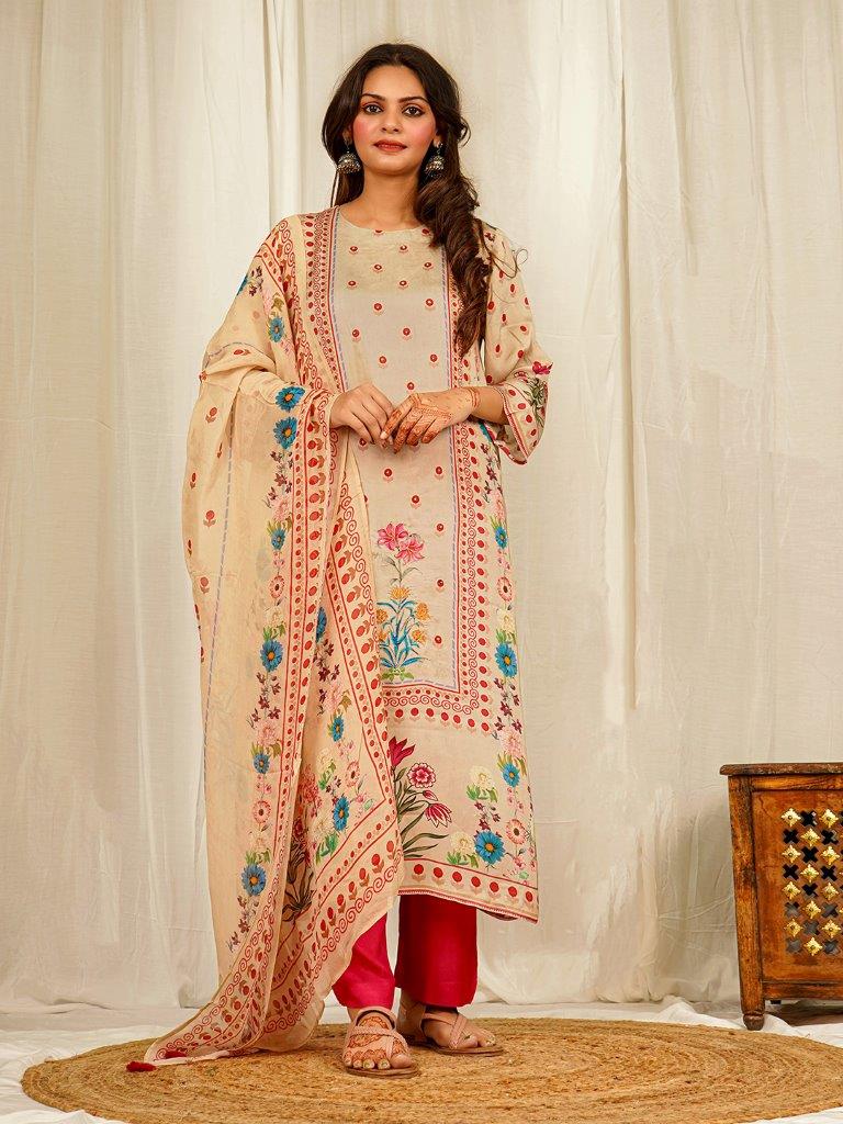 Elegant Floral Ethnic Ensemble with Pure Silk Satin Kurta Sets with Handwork