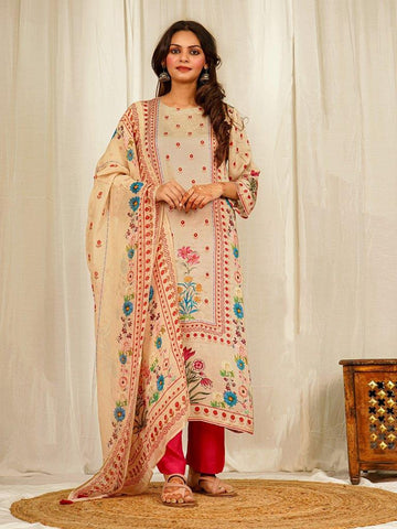 Elegant Floral Ethnic Ensemble with Pure Silk Satin Kurta Sets with Handwork